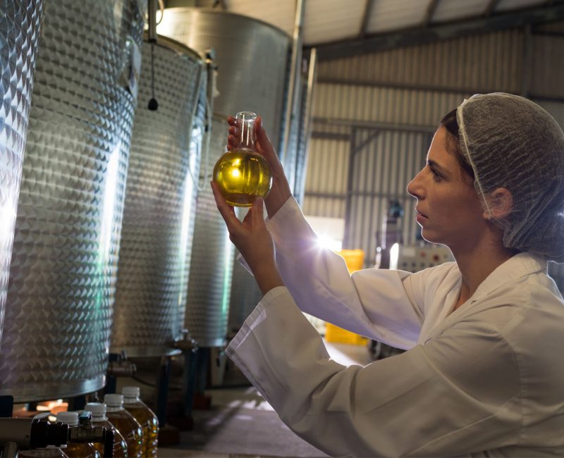Female technician examining olive oil in factory